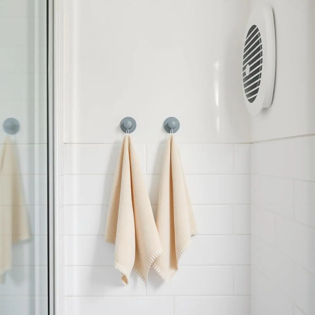 Clean bathroom wall with adhesive hooks holding lightweight towels away from the shower spray